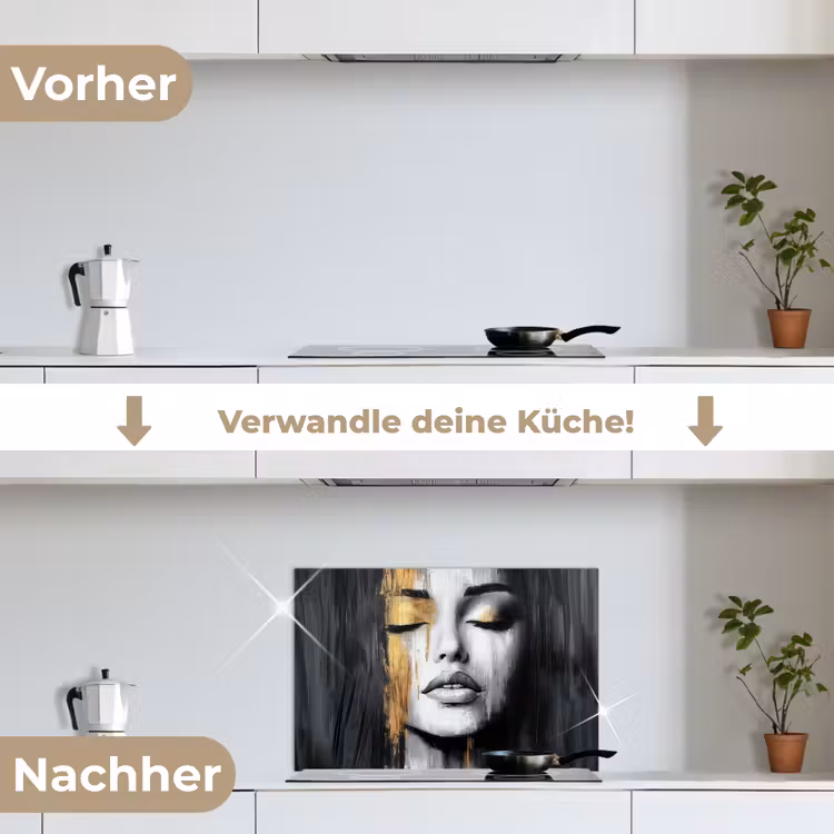 Gezicht - Vrouw - Penseelstreken - Abstract keuken achterwand spatscherm klein -voor_na_DE