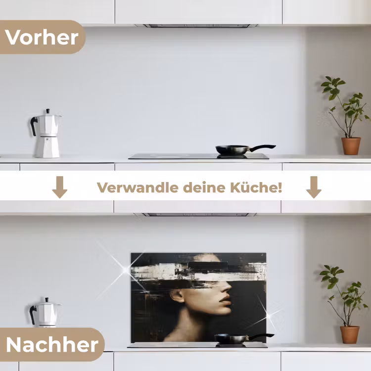 Gezicht - Vrouw - Zwart - Abstract keuken achterwand spatscherm klein -voor_na_DE
