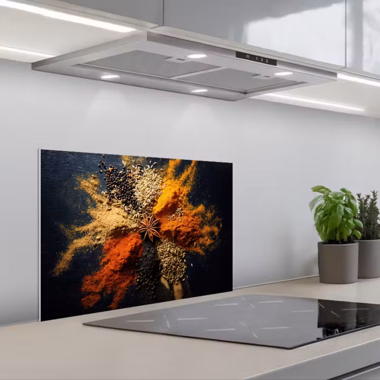 Specerijen - Explosie - Oranje keuken achterwand spatscherm klein -3d_schuin