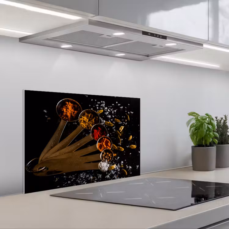 Kruiden - Lepels - Zout - Specerijen - Zwart keuken achterwand spatscherm klein -3d_schuin