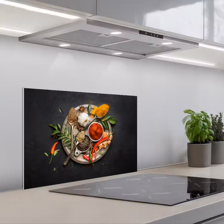 Kruiden - Bord - Peper - Zwart - Lepels - Zilver keuken achterwand spatscherm klein -3d_schuin