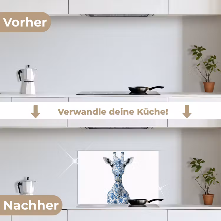 Giraffe - Delfts blauw - Dieren - Minimalistisch keuken achterwand spatscherm klein -voor_na_DE