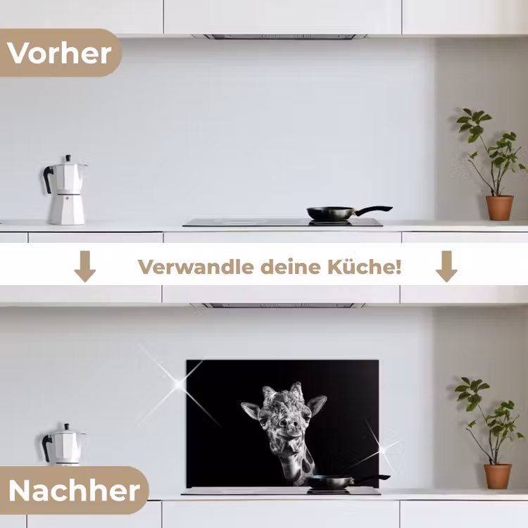 Giraffe - Dier - Zwart - Wit keuken achterwand spatscherm klein -voor_na_DE