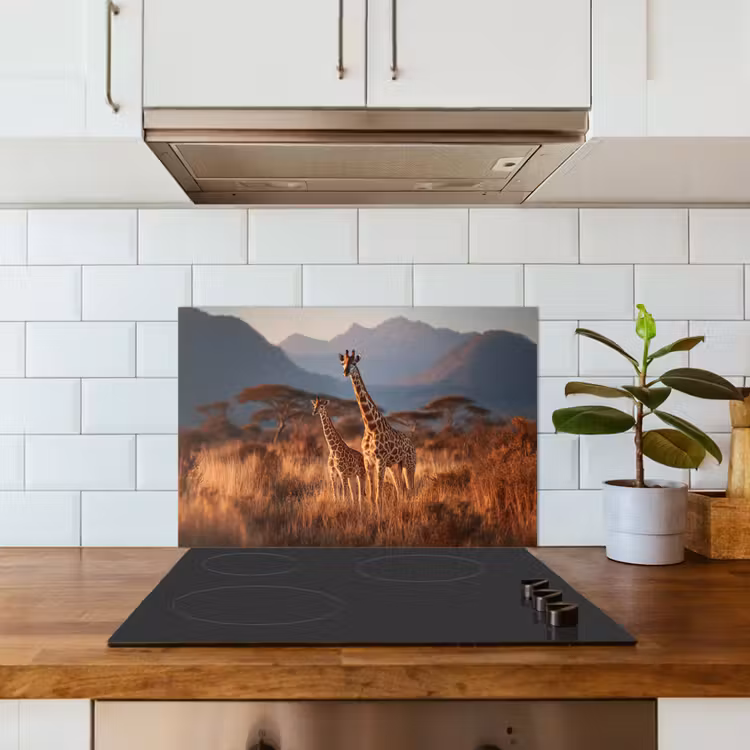 Giraffen - Hoog gras - Acaciabomen keuken achterwand spatscherm klein -sfeer2