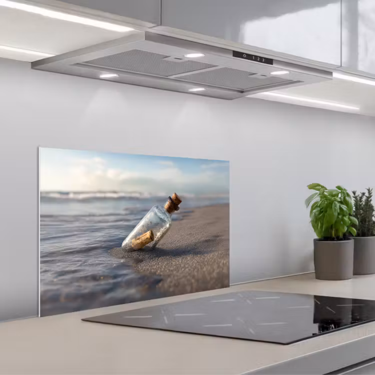 Glazenfles - Post - Zee - Zand keuken achterwand spatscherm klein -3d_schuin