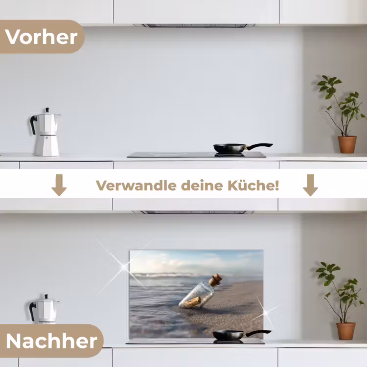Glazenfles - Post - Zee - Zand keuken achterwand spatscherm klein -voor_na_DE