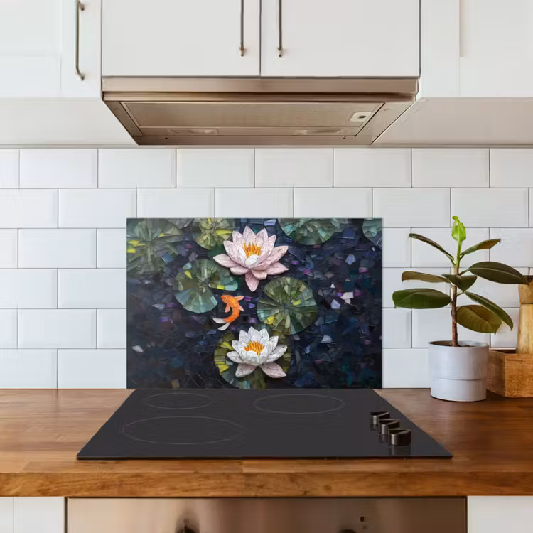 Glasstukjes - Leliebladeren - Vis - Oranje keuken achterwand spatscherm klein -sfeer2