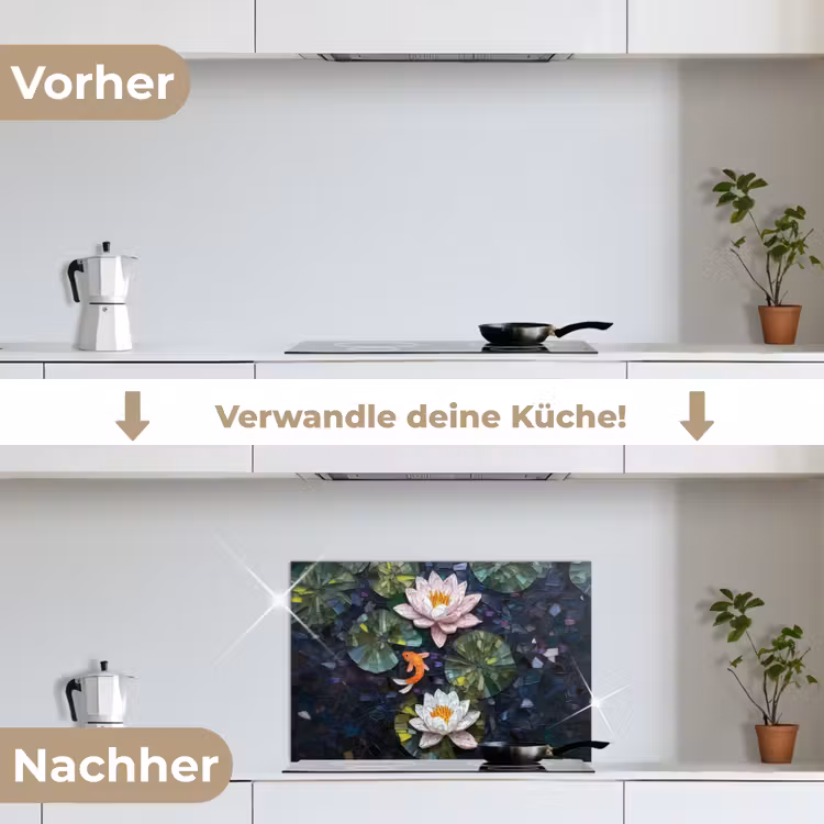 Glasstukjes - Leliebladeren - Vis - Oranje keuken achterwand spatscherm klein -voor_na_DE