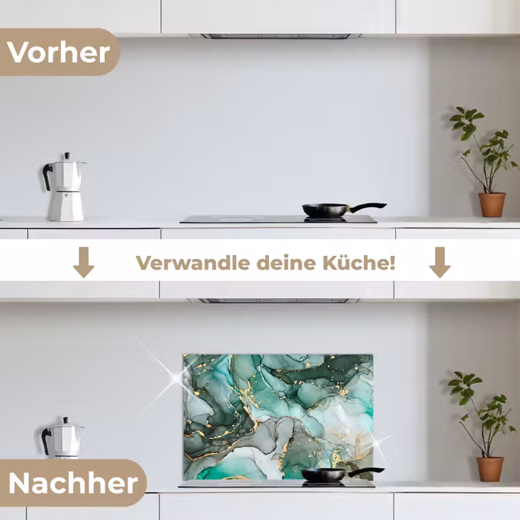 Goud - Marmer - Groen - Luxe - Marmerlook - Grijs keuken achterwand spatscherm klein -voor_na_DE