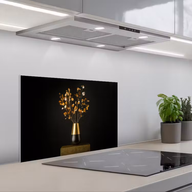 Goudbruine - Bladeren - Vaas - Herfstachtig keuken achterwand spatscherm klein -3d_schuin