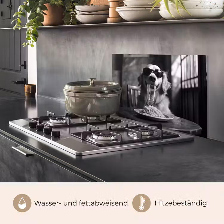 Golden Retriever - Hond - Vrolijk - Bord spaghetti - Zwart - wit keuken achterwand spatscherm klein -usp_DE