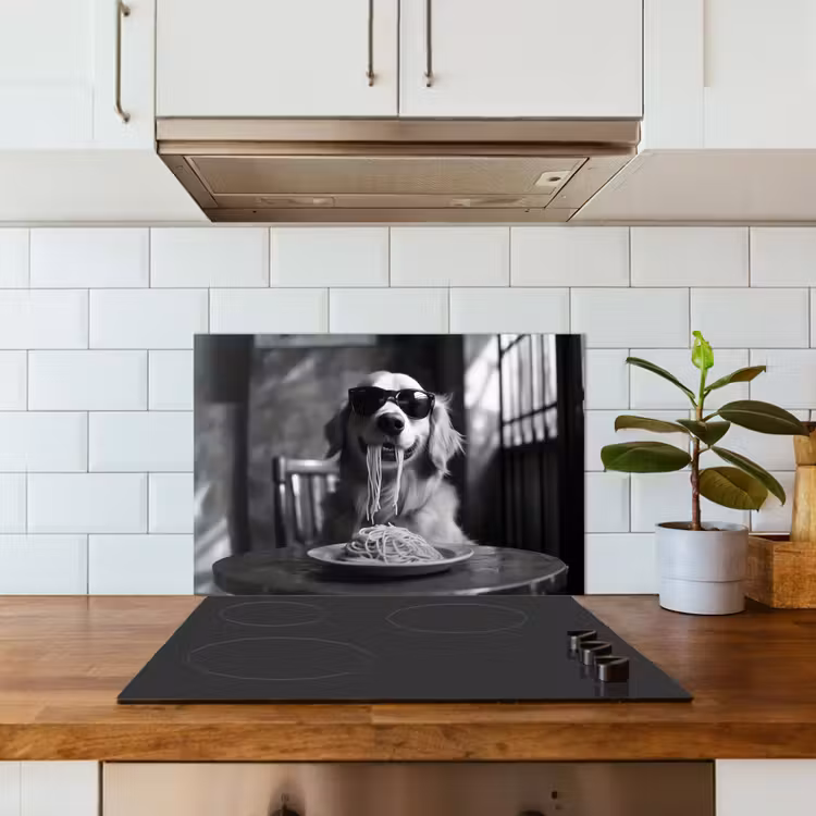 Golden Retriever - Hond - Vrolijk - Bord spaghetti - Zwart - wit keuken achterwand spatscherm klein -sfeer2