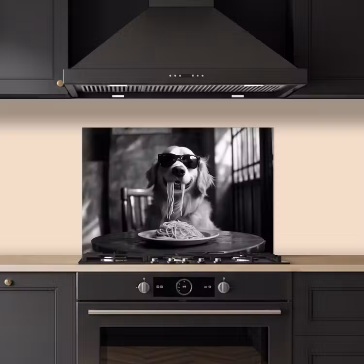Golden Retriever - Hond - Vrolijk - Bord spaghetti - Zwart - wit keuken achterwand spatscherm klein -sfeer1