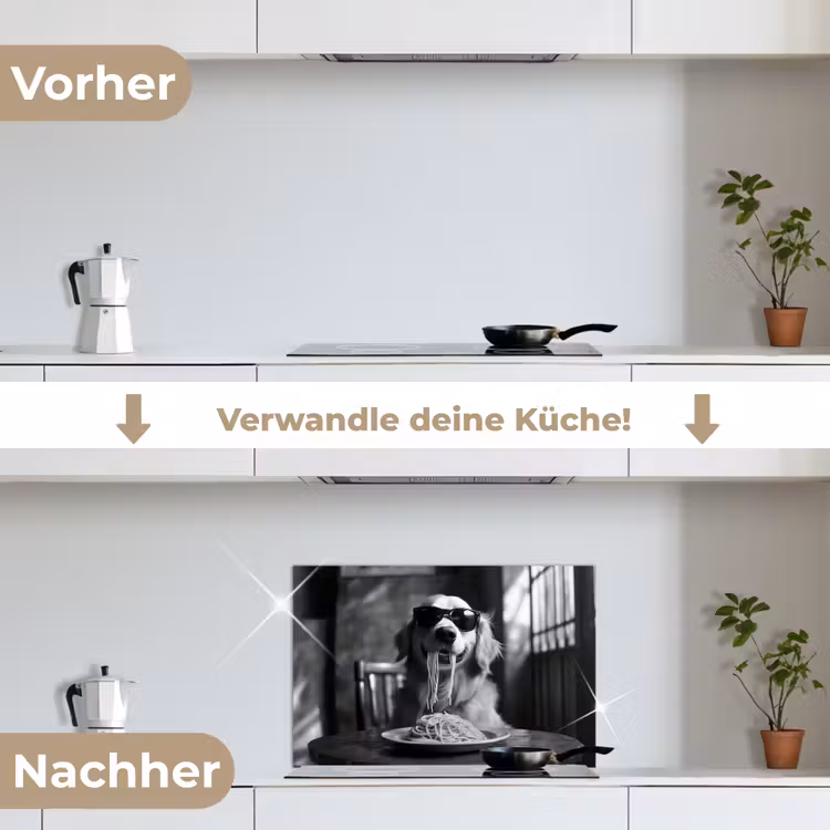 Golden Retriever - Hond - Vrolijk - Bord spaghetti - Zwart - wit keuken achterwand spatscherm klein -voor_na_DE