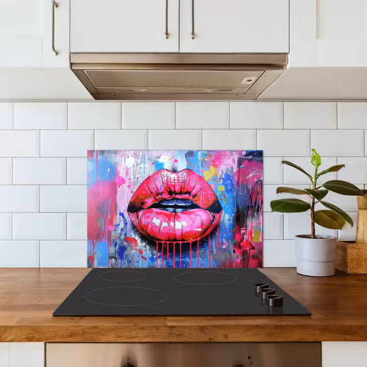 Graffiti - Lippen - Felroze - Geschilderd keuken achterwand spatscherm klein -sfeer2