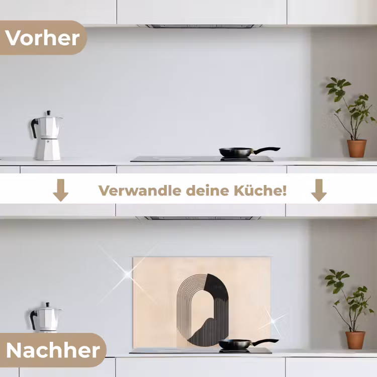 Grafisch gebogen motief - Beige keuken achterwand spatscherm klein -voor_na_DE
