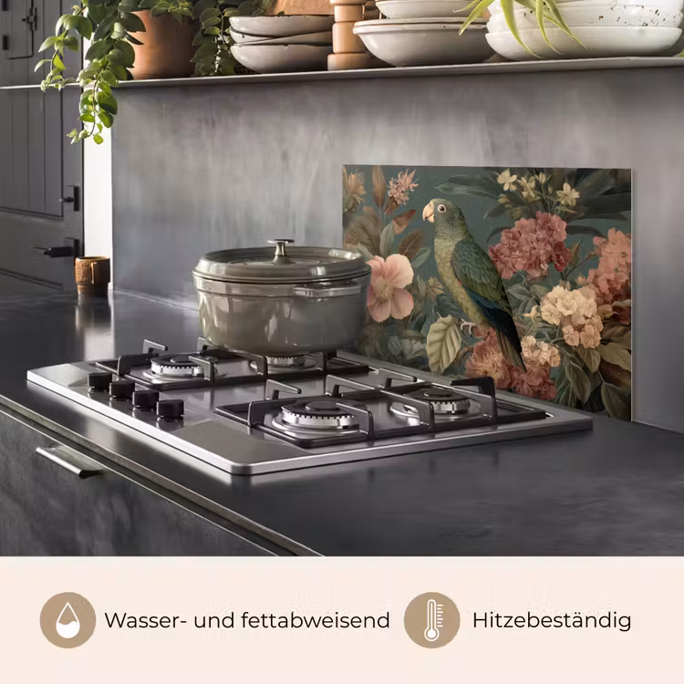 Groene papegaai - Kleurrijke bloemen - Donkere achtergrond keuken achterwand spatscherm klein -usp_DE