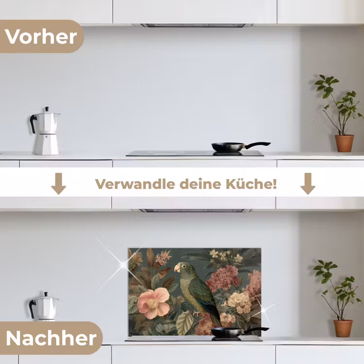 Groene papegaai - Kleurrijke bloemen - Donkere achtergrond keuken achterwand spatscherm klein -voor_na_DE