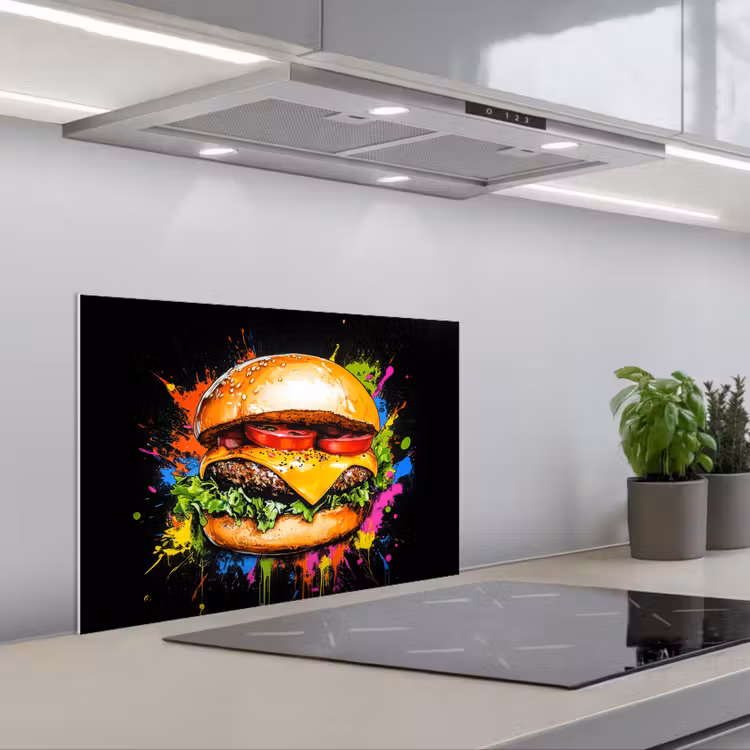 Hamburger - Graffiti - Verf - Kleurrijk - Eten - Abstract keuken achterwand spatscherm klein -3d_schuin