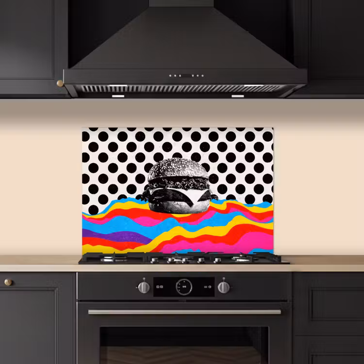 Hamburger - Stippen - Golven - Kleuren keuken achterwand spatscherm klein -sfeer1