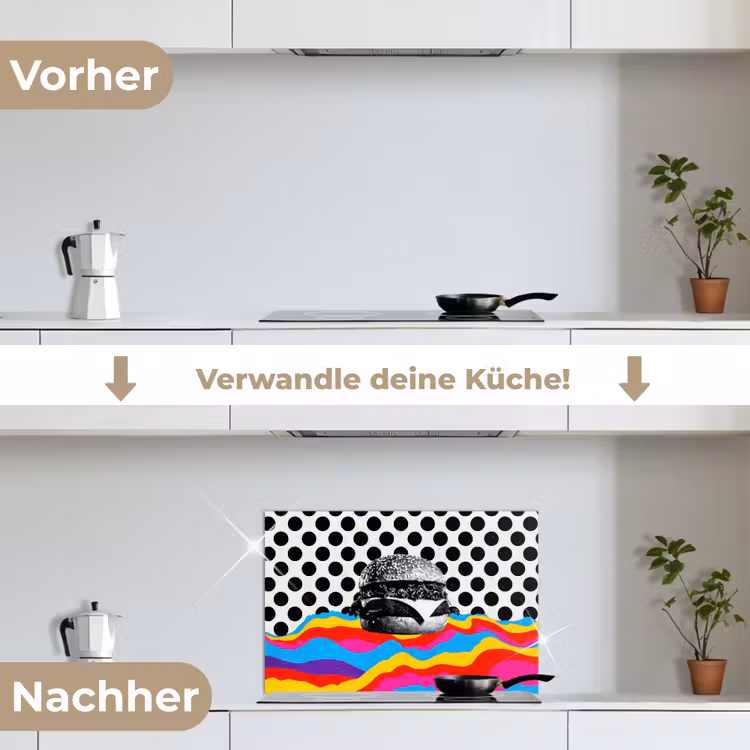 Hamburger - Stippen - Golven - Kleuren keuken achterwand spatscherm klein -voor_na_DE