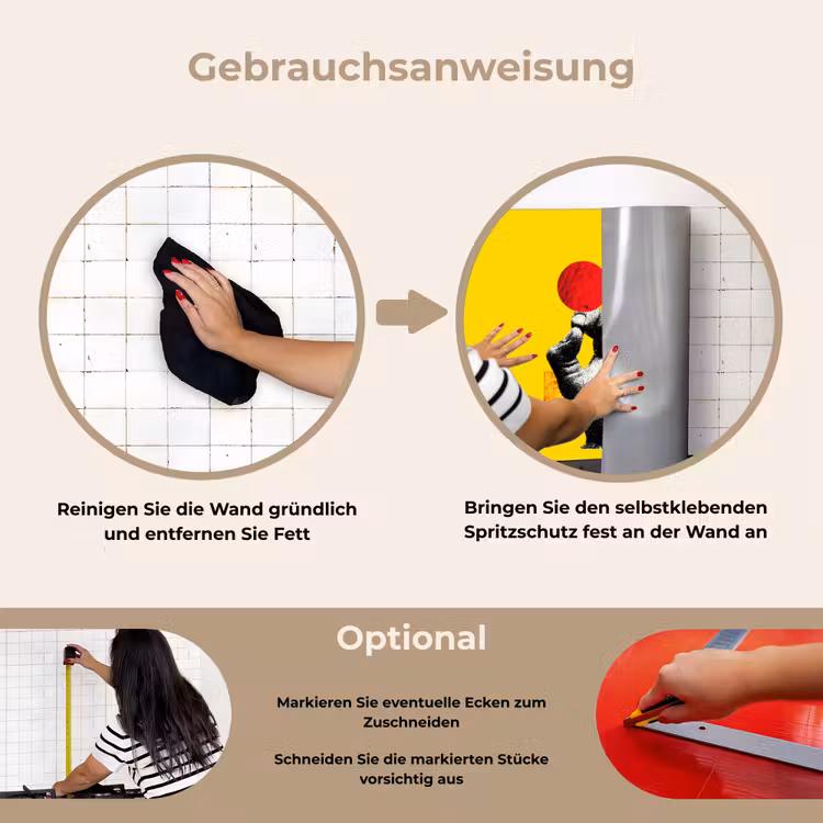 Hand - Rode cirkel - Geel keuken achterwand spatscherm klein -gebruiksaanwijzing_DE