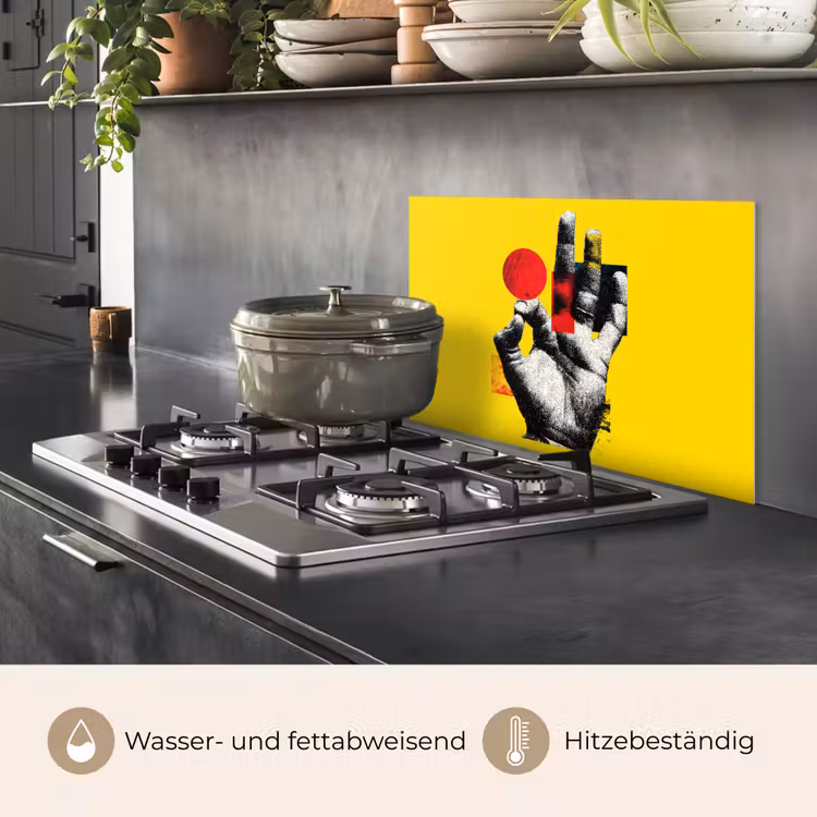 Hand - Rode cirkel - Geel keuken achterwand spatscherm klein -usp_DE