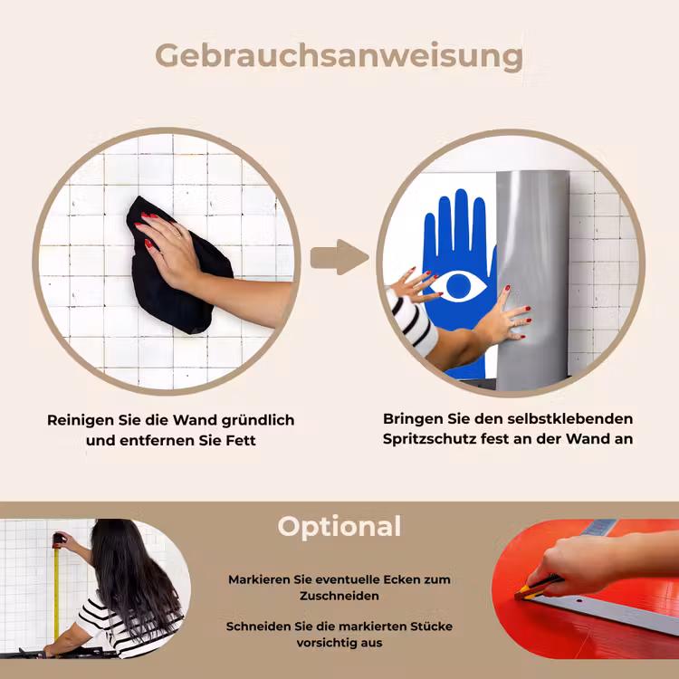 Handen - Twee - Ogen - Blauw keuken achterwand spatscherm klein -gebruiksaanwijzing_DE