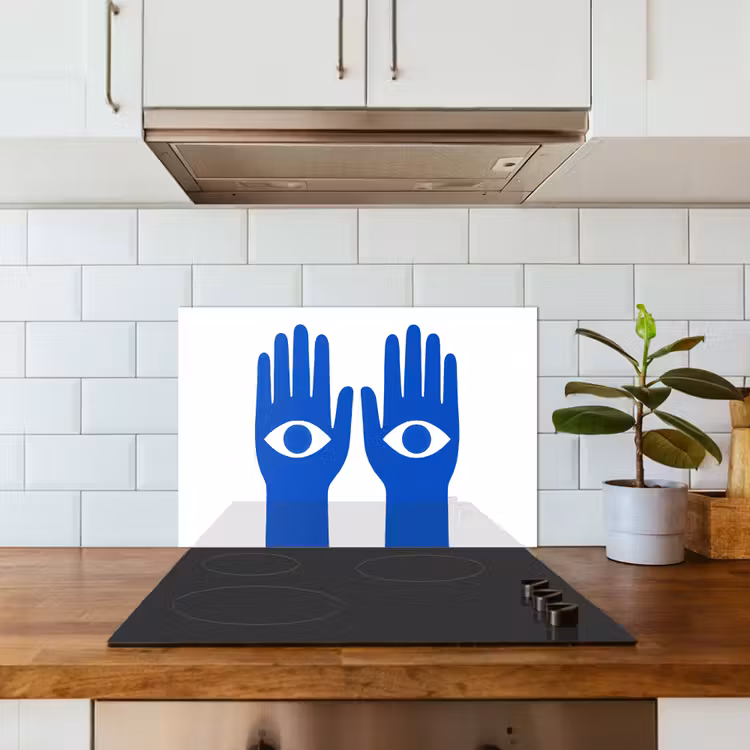 Handen - Twee - Ogen - Blauw keuken achterwand spatscherm klein -sfeer2