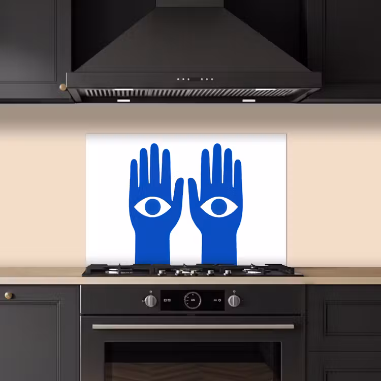 Handen - Twee - Ogen - Blauw keuken achterwand spatscherm klein -sfeer1