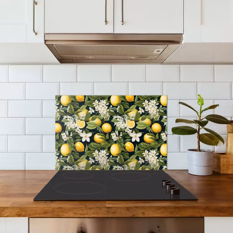 Hangende - Citroenen - Witte - Bloemetjes keuken achterwand spatscherm klein 900 -sfeer2