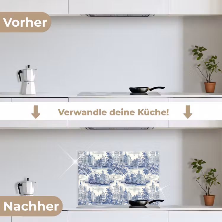 Huizen - Bomen - Water - Vogels - Blauw keuken achterwand spatscherm klein 900 -voor_na_DE