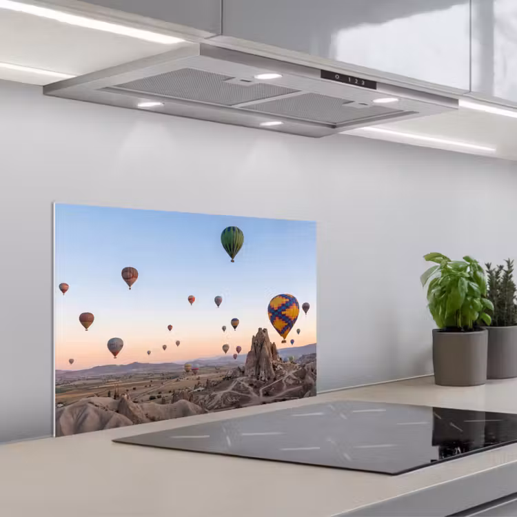 Luchtballonnen - Rotsen - Zonsopgang keuken achterwand spatscherm klein -3d_schuin