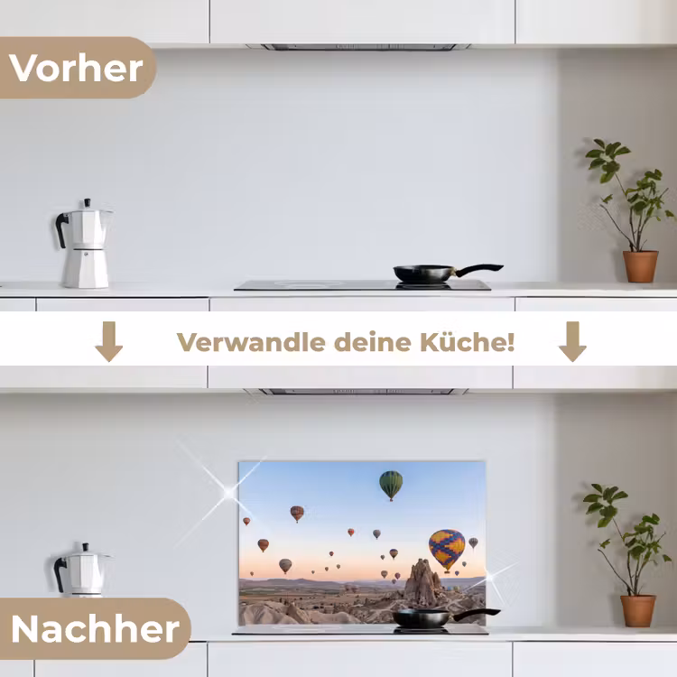 Luchtballonnen - Rotsen - Zonsopgang keuken achterwand spatscherm klein -voor_na_DE