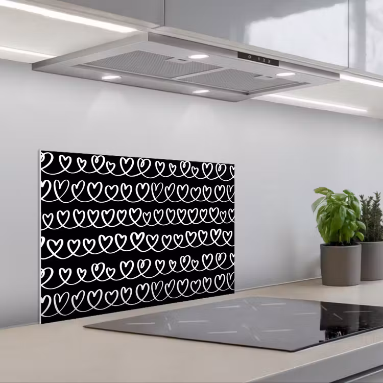 Harten - Verweven - Zwart - Wit keuken achterwand spatscherm klein 900 -3d_schuin