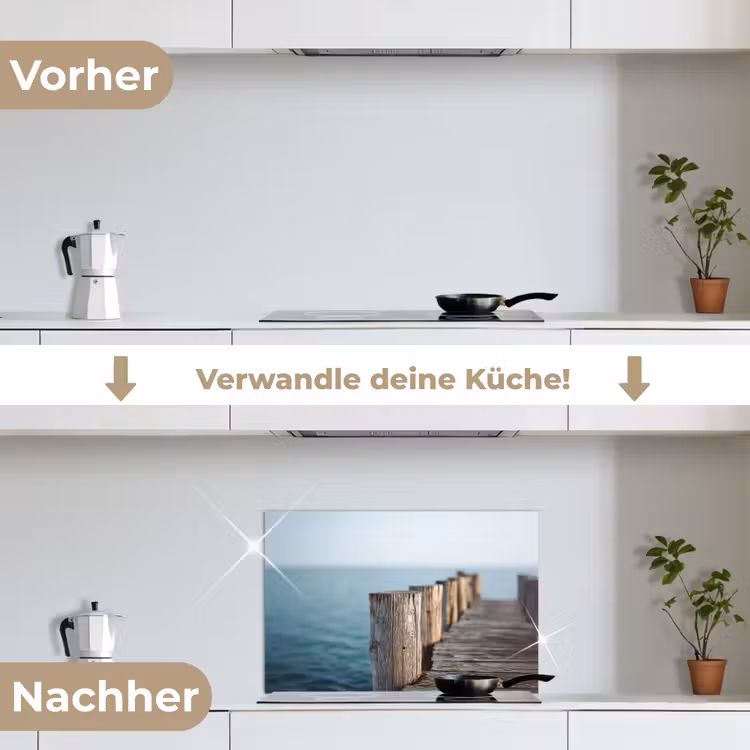 Houten steiger - Helderblauwe lucht keuken achterwand spatscherm klein -voor_na_DE