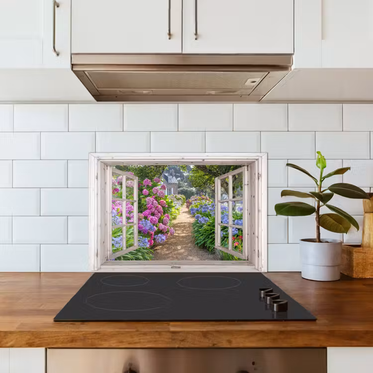 Hortensia - Doorkijk - Bloemen - Zomer - Paars - Pad keuken achterwand spatscherm klein -sfeer2