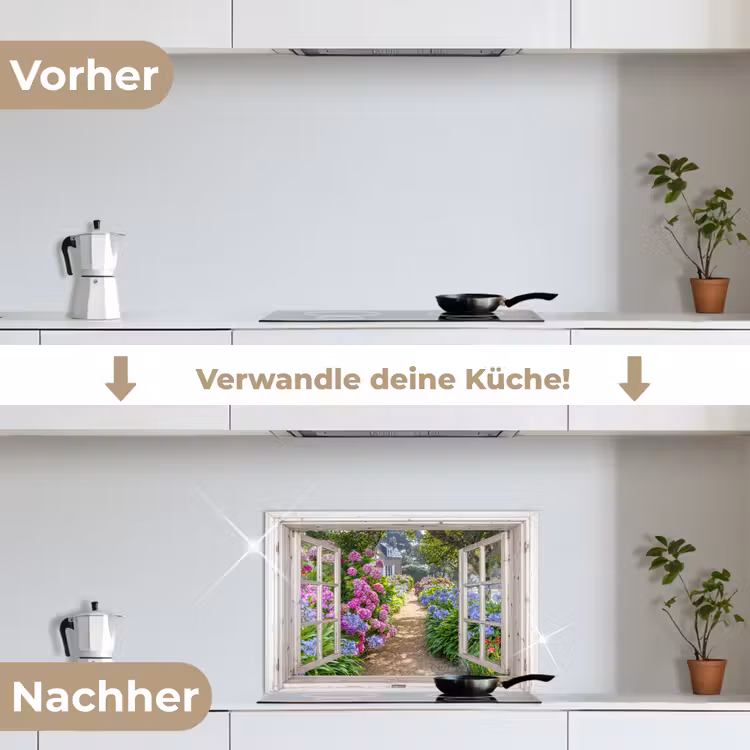 Hortensia - Doorkijk - Bloemen - Zomer - Paars - Pad keuken achterwand spatscherm klein -voor_na_DE