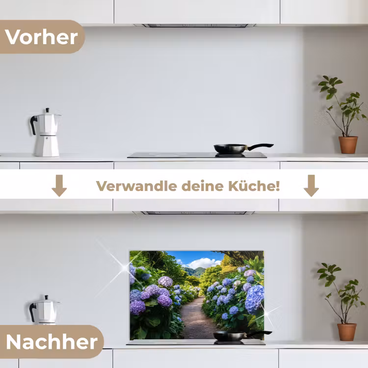 Hortsensia - Pad - Bloemen keuken achterwand spatscherm klein -voor_na_DE