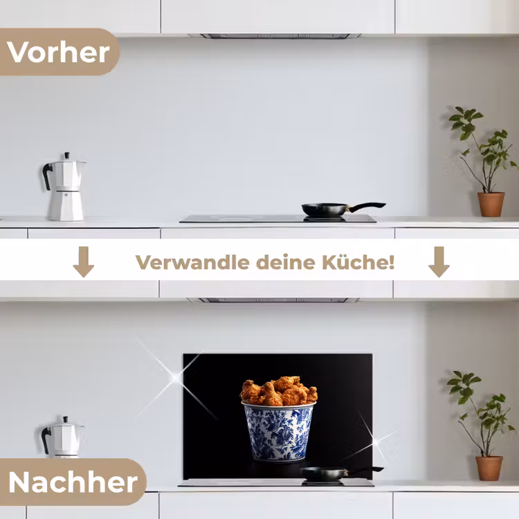 Kip - Bucket - Delfts blauw - Lekker keuken achterwand spatscherm klein -voor_na_DE
