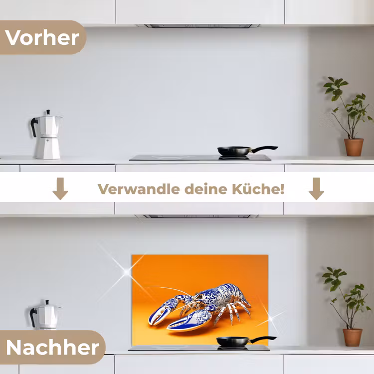 Kreeft - Delftsblauw - Schild - Stoer - Oranje keuken achterwand spatscherm klein -voor_na_DE
