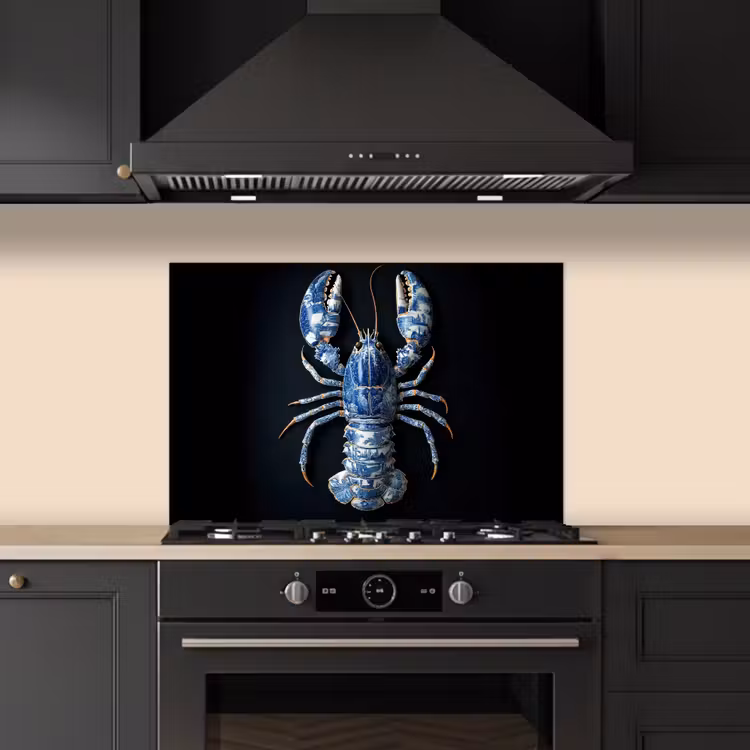 Kreeft - Delftsblauw - Schild - Stoer keuken achterwand spatscherm klein -sfeer1