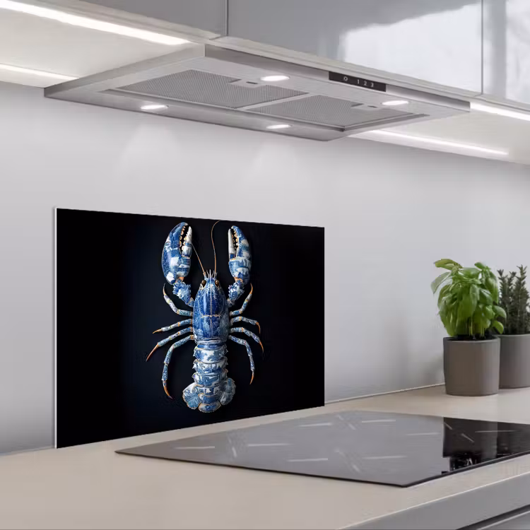 Kreeft - Delftsblauw - Schild - Stoer keuken achterwand spatscherm klein -3d_schuin