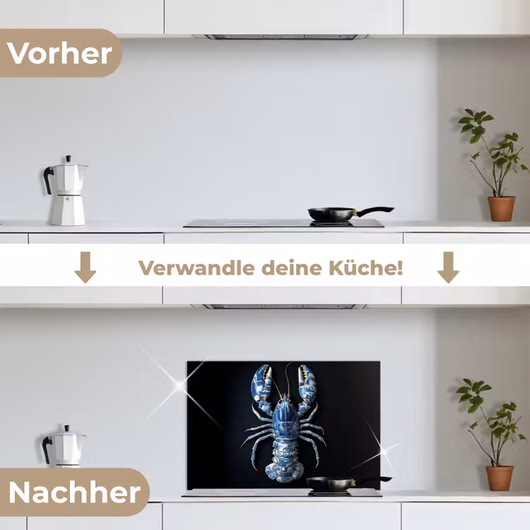 Kreeft - Delftsblauw - Schild - Stoer keuken achterwand spatscherm klein -voor_na_DE