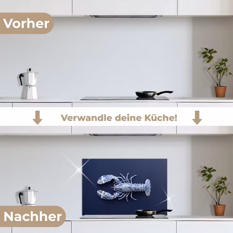 Kreeft - Porselein - Delfts - Blauw keuken achterwand spatscherm klein -voor_na_DE