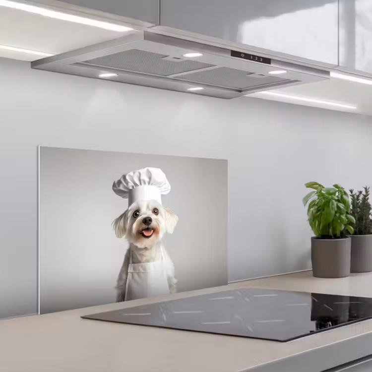 Hond - Wit - Kok keuken achterwand spatscherm klein -3d_schuin
