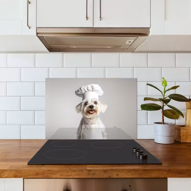 Hond - Wit - Kok keuken achterwand spatscherm klein -sfeer2