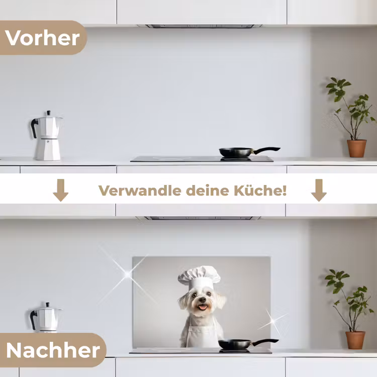 Hond - Wit - Kok keuken achterwand spatscherm klein -voor_na_DE