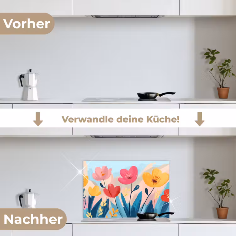 Illustratie - Bloemen - Kleurrijk keuken achterwand spatscherm klein -voor_na_DE