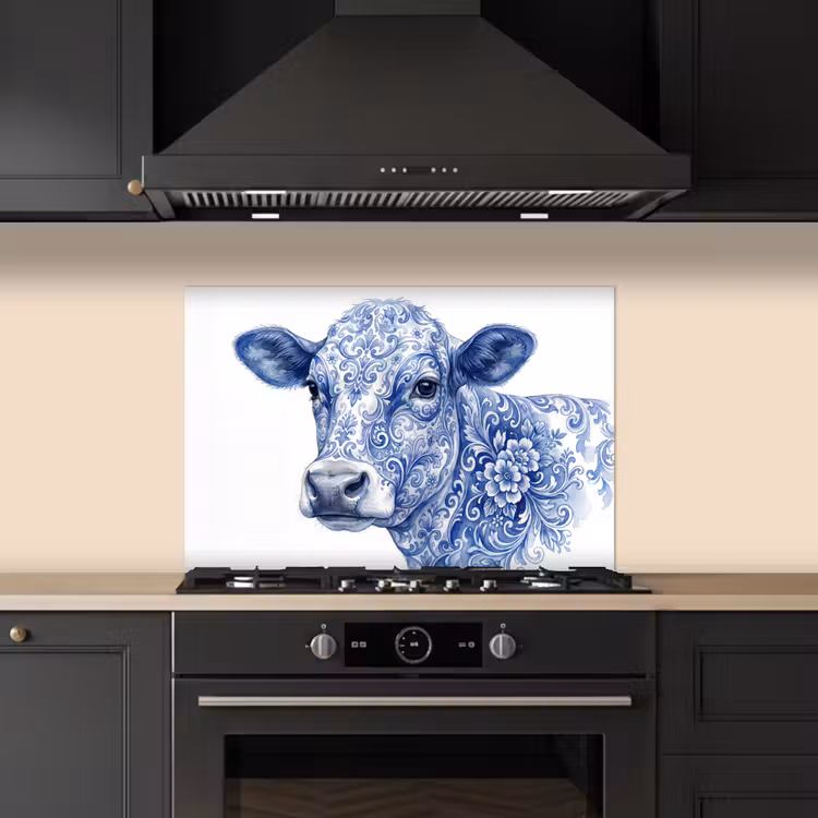 Illustratie - Koe - Blauw keuken achterwand spatscherm klein -sfeer1